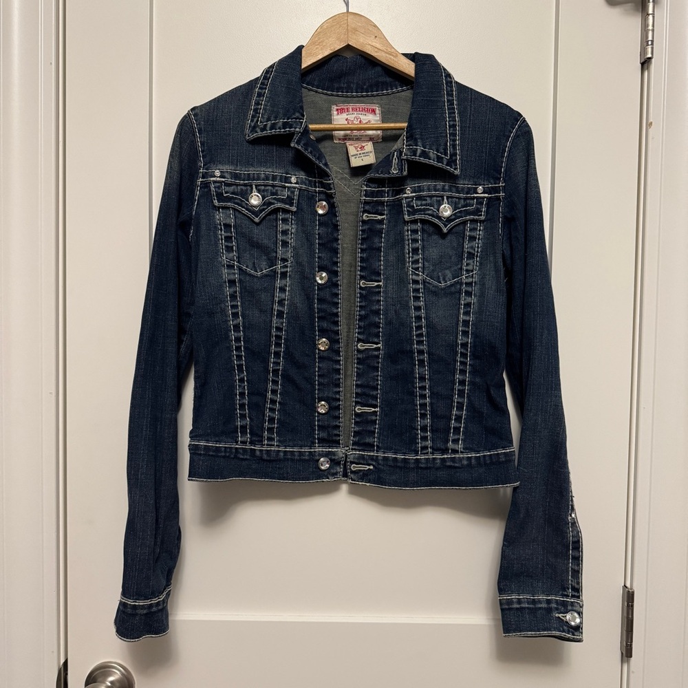 True Religion Disco Emily Big T Denim Jacket Crystal Rhinestone Buttons L